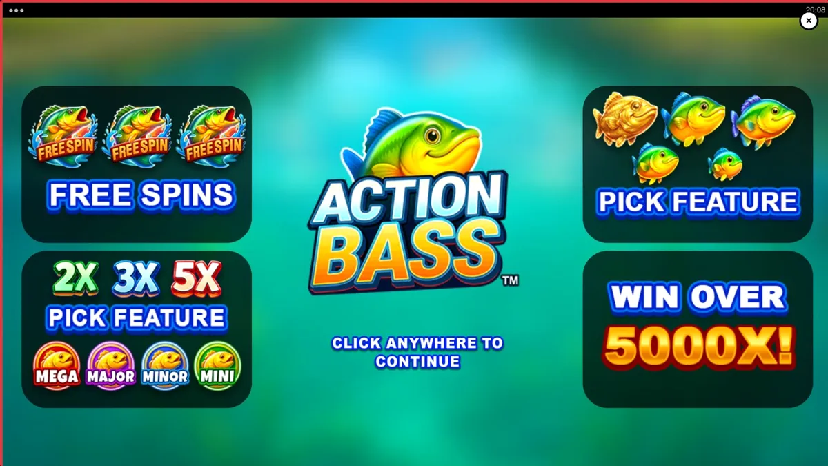 Tampilan visual slot Action Bass dengan latar belakang danau yang tenang dan simbol bertema memancing.